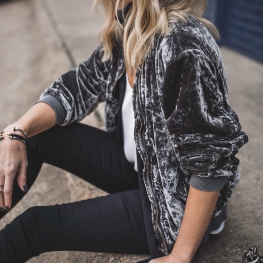 Free People Gray Ruched Velvet Bomber Jacket